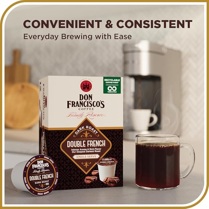 Don Francisco's Double French Roast Coffee Pods, 72 Count, Dark Roast, Compatible with Keurig Brewers