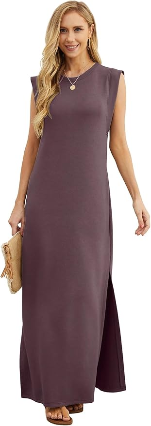 GRECERELLE 2026 Women Year-Round Casual Round Neck Loose Split Wrinkle-Free Long Maxi Vacation Dress with Pockets (XXS-4XL)