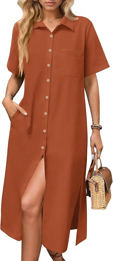 HOTOUCH Womens Dress Summer Casual Midi Short Sleeve Button Down Shirt Dresses Loose Beach Cover Up with Pockets