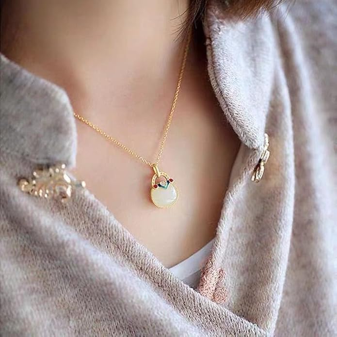 AMINKINA 14K Gold Real Natural Jade Enamel Fortune Bag Necklace, Unique Vintage Style Jade Pendant, Delicate Jade Jewelry Gift for Wife's Prosperity