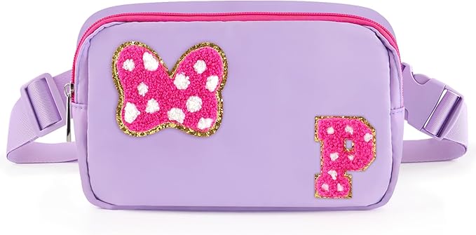 Chenille Initial Letter Bow Mouse Fanny Pack, Waterproof Park Crossbody Bag Christmas Birthday Gifts for Teen Girls Daughter Women Kids Adults, Cute Belt Bag Must Haves for Park Travel (P, Purple)