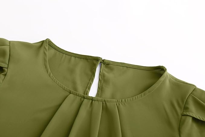 TASAMO Women's Casual Round Neck Basic Pleated Top Cap Sleeve Curved Keyhole Back Chiffon Blouse
