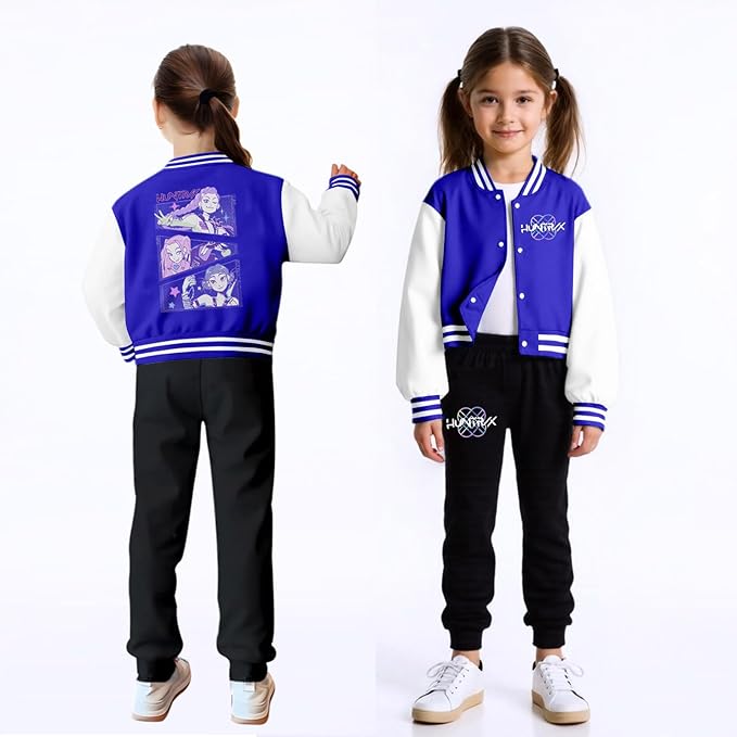 K PopGirls Kpop Tracksuit Cute Cartoon Print Baseball Coats Fashion Long Sleeve Jackets and Pants Christmas Costume Set