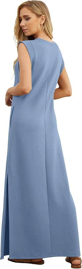 GRECERELLE 2026 Women Year-Round Casual Round Neck Loose Split Wrinkle-Free Long Maxi Vacation Dress with Pockets (XXS-4XL)