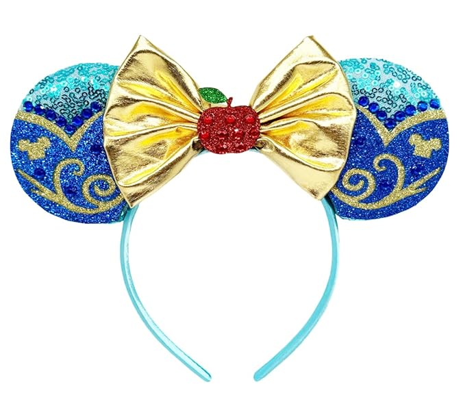 WW-WONDERFULWORLD Enchanted Mouse Ears Headband, for Fairy Tale Princess Dress Costume, Park Cosplay Party- Blue Glitter Sequin Ear with Royal Sleeve Patches & Golden Bow, Crystal Red Apple Accent