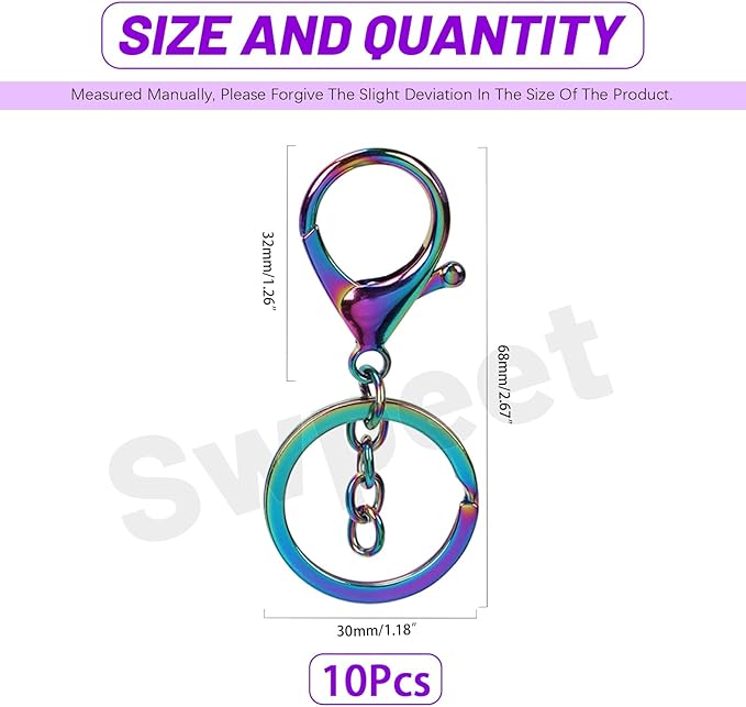 Swpeet 10Pcs Iridescent Color Lobster Claw Clasps with Key Chain and Flat Split Keychain Ring Assortment Kit, Swivel Clasps Hook Clips Swivel Snaps Hooks for Purse Strap Keychain DIY Crafts