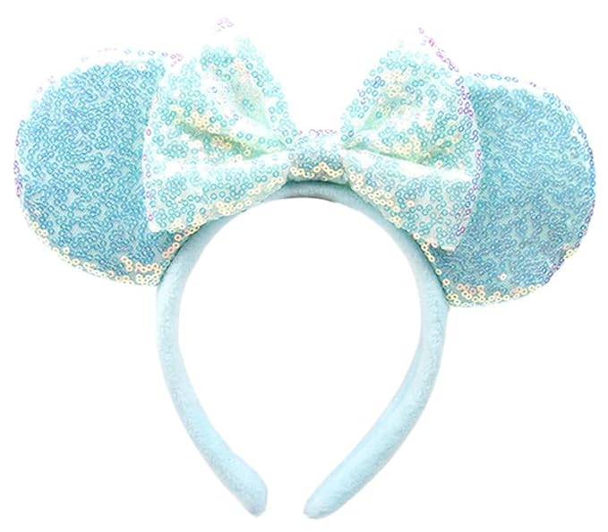 WW-WONDERFULWORLD Blue Mouse Ears Headbands With Bow & Sequins, for Cartoon Princess Costume Cosplay Decoration, Glitter Party for Women & Adult; FG1L (Soft Flannel Unisex)