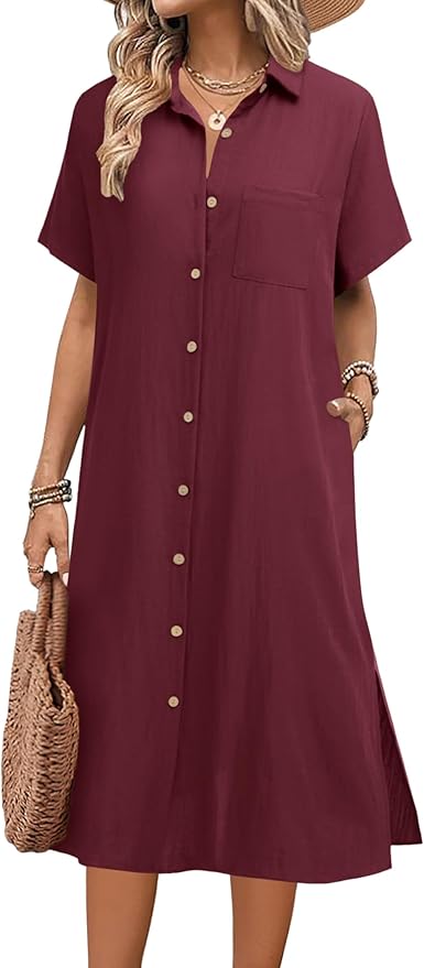 HOTOUCH Womens Dress Summer Casual Midi Short Sleeve Button Down Shirt Dresses Loose Beach Cover Up with Pockets