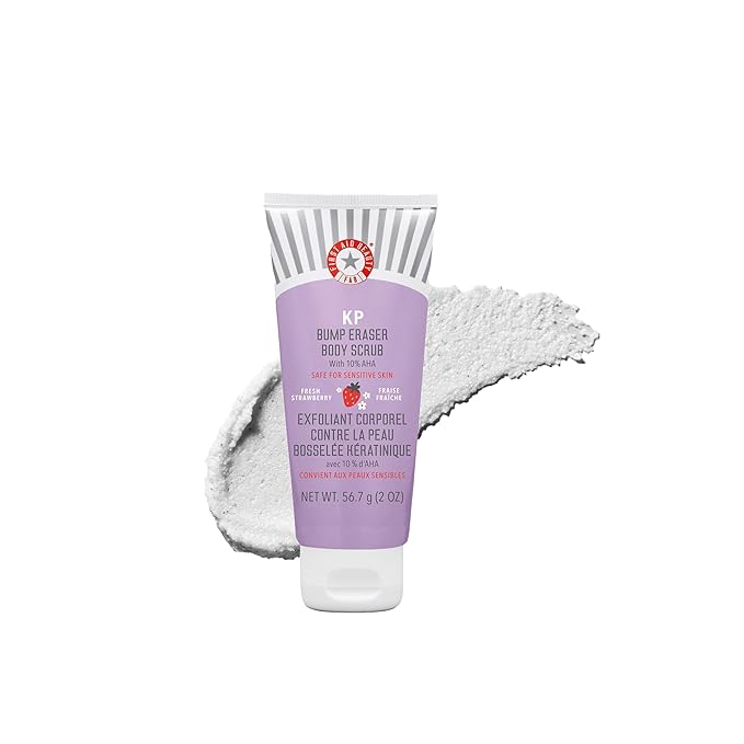 First Aid Beauty - KP Bump Eraser Body Scrub with 10% AHA, Keratosis Pilaris Exfoliator with Glycolic and Lactic acids, Helps Reduce Chicken Skin Bumps, Safe for Sensitive Skin, Strawberry Scent, 2 oz