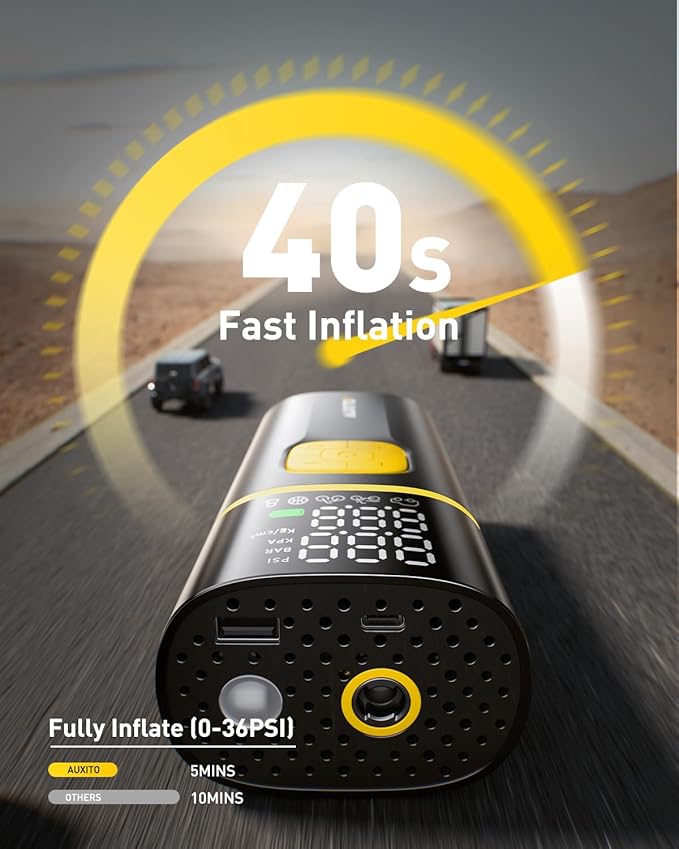 AUXITO A502 Tire Inflator Portable Air Compressor - 150PSI Dual Cylinder 7800 mAh & 12V DC, Bike Pump Air Pump for Car, Truck, Bike, Motorcycle with Digital Tire Pressure Gauge, Car Gifts for Men