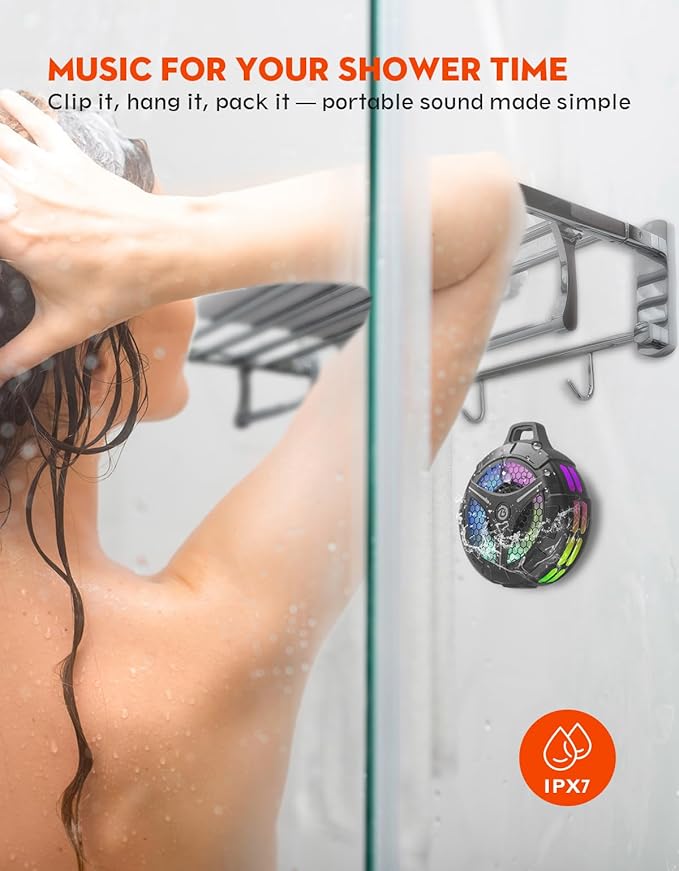 Bluetooth Shower Speaker, Suction Cup, Small Portable Wireless IPX7 Waterproof Outdoor Speakers, 15W Loud Stereo Sound Deep Bass, TWS Pairs, 6 Mode RGB Lights, All Ages Gift for Christmas