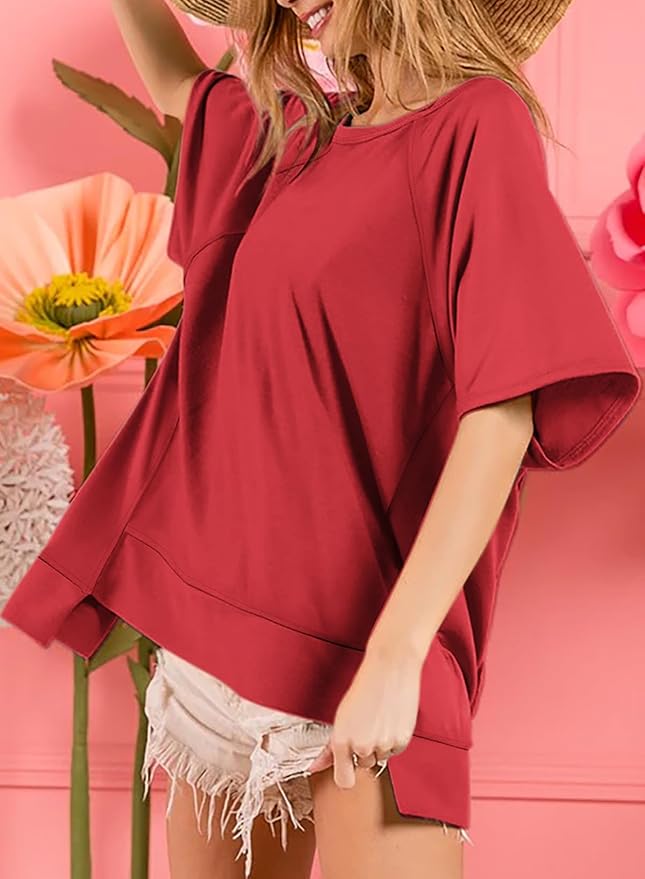 Dokotoo Oversized T Shirts for Women Crewneck Short Sleeve Casual Summer Tops Lightweight Loose High Low Blouse