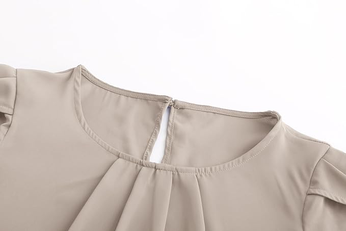TASAMO Women's Casual Round Neck Basic Pleated Top Cap Sleeve Curved Keyhole Back Chiffon Blouse