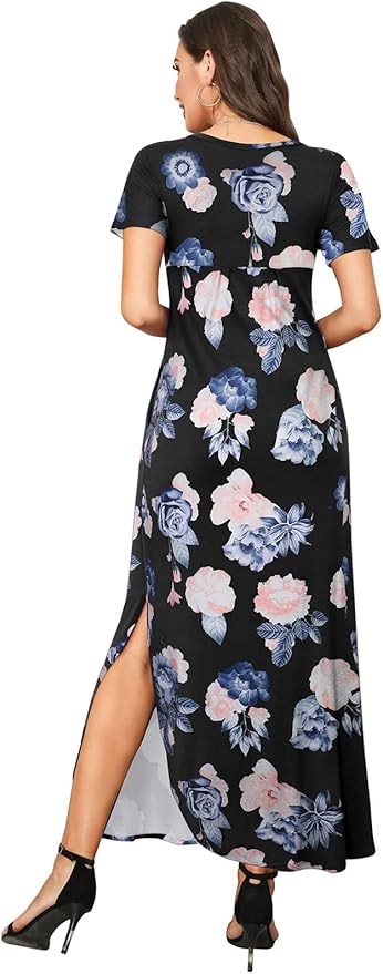 Arolina Women's Summer Maxi Dress Short Sleeve V Neck Casual Loose Long Beach Split Dresses with Pockets