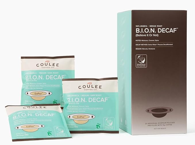 Coulée EcoPour B.I.O.N. Coffee, Single Serve Pour Over Decaffeinated Coffee, for Camping or Traveling, Pre Filled Compostable Filters, Ready to Brew with Hot Water, 20 Pack