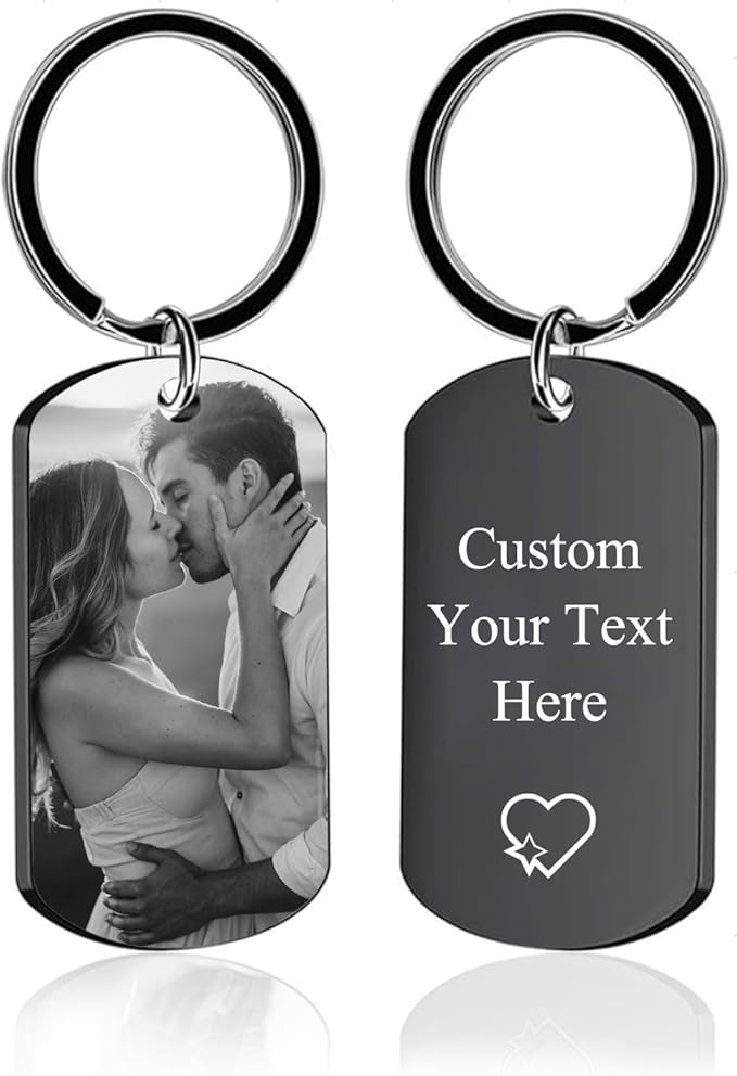 RSQGT Personalized Custom Keychain with Picture - Double Sided Engraving Photo Text Customized Key Chains for Men Boyfriend