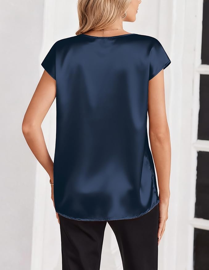 Zeagoo Women Silk Satin Tops Cap Short Sleeve Blouse V Neck Shirts Business Casual Outfits S-2XL