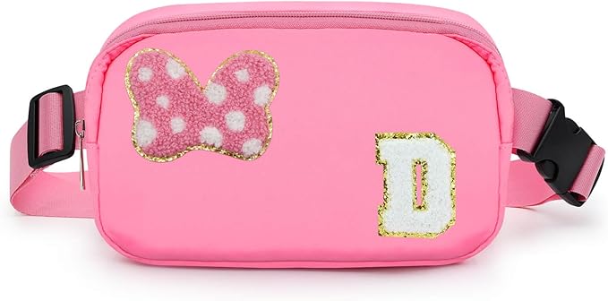 Chenille Initial Letter Bow Mouse Fanny Pack, Waterproof Park Crossbody Bag Christmas Birthday Gifts for Teen Girls Daughter Women Kids Adults, Cute Belt Bag Must Haves for Park Travel (D, Pink)