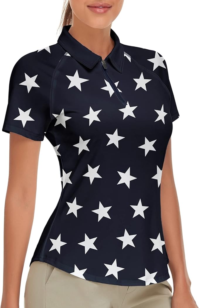 Women's Golf Shirt Short Sleeve Tennis Shirt Quarter Zip Golf Pullover Golf Polo Shirts Argyle Tops