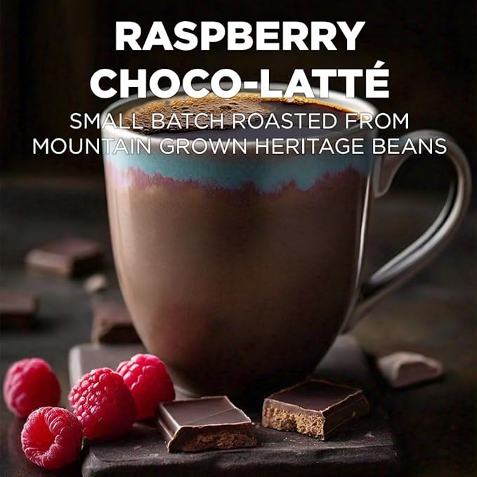 Maud's Raspberry Chocolate Flavored Coffee Pods, 18 ct, Medium Roast Flavored Coffee in Recyclable Single Serve Pods – 100% Arabica Beans, Compatible with Keurig K Cups Maker