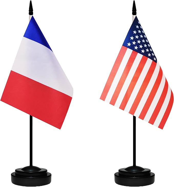 USA American & France French Desk Flags, US France Office Table Flag, Small Mini Miniature French and US Desktop Flag With 13" Solid Black Pole, Black Base