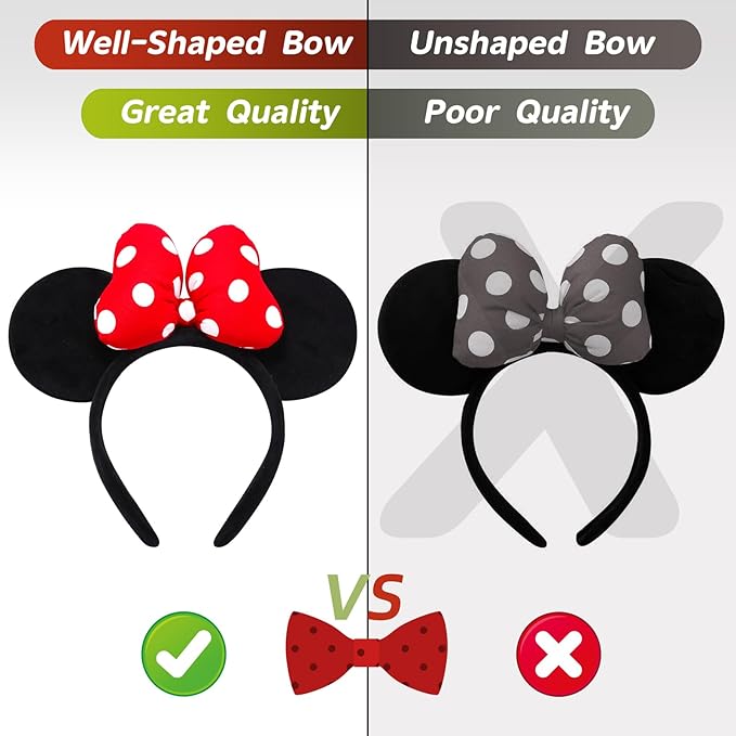 ODOCARE Handmade Mouse Ears Headband for Women and Ladies, Polka Dot Bow Minnie Ears Costume Accessories