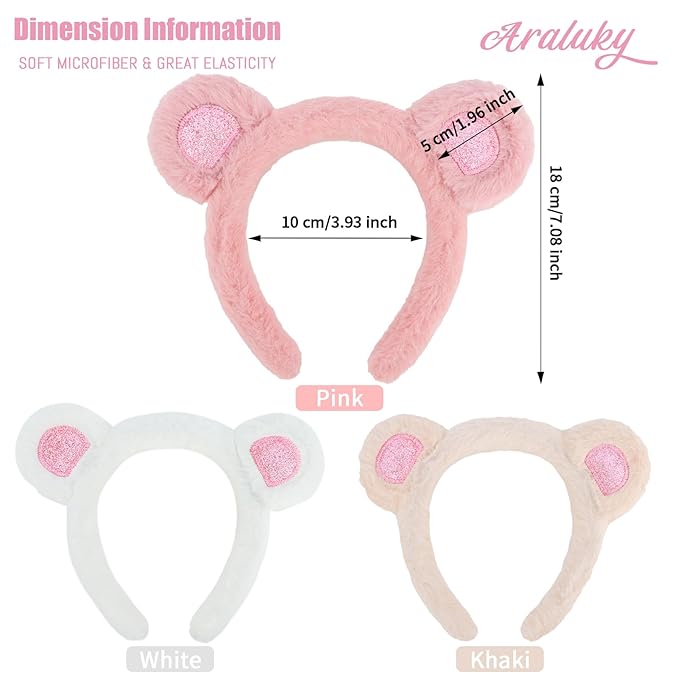 Araluky Mouse Ears Headband 3 Pcs Skincare Headbands Cute Bear Ears Headwear