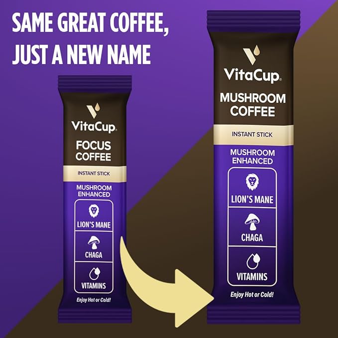 VitaCup Mushroom Coffee Instant Packets, for Memory & Clarity Support, w/Fiber, Chaga, Lion’s Mane, D3, B Vitamins, Medium Roast, 100% Arabica & Robusta Coffee in Single Serve Sticks, 48 Ct