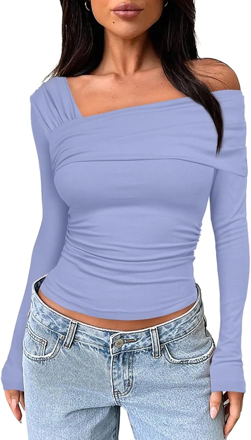 Darong Women's Off Shoulder Tops Y2K Shirt Slim Fit Ruched Crop Top Long Sleeves Spring Fall Blouse Going Out Shirt