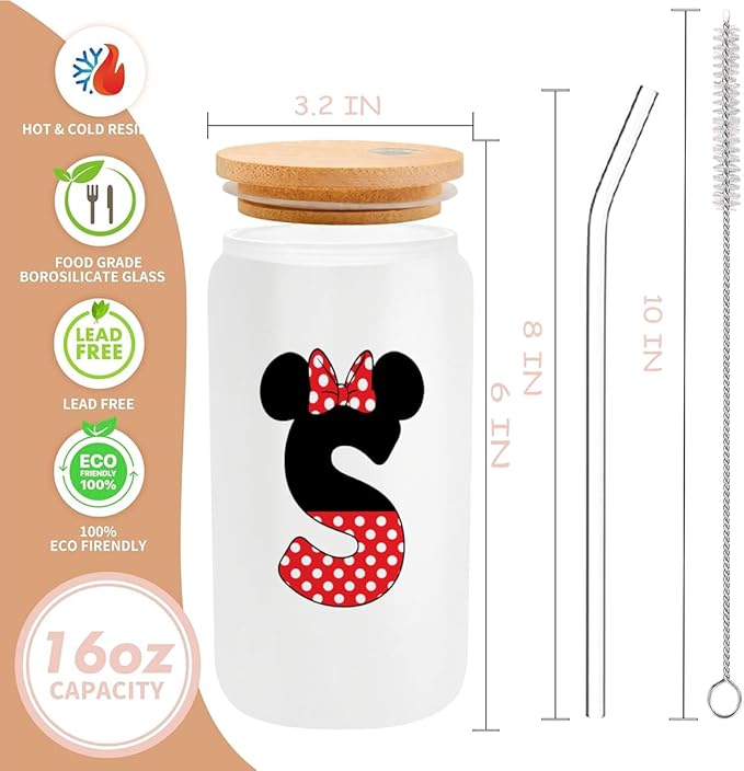 Cute Cartoon Mouse Lover Gifts Initial A-Z Personalized Iced Coffee Cup Magic Mouse Stuff Wizard Gift 16oz Glass Cup with Lid and Straws Birthday Christmas Gifts for Women Teen Girls (Letter S)