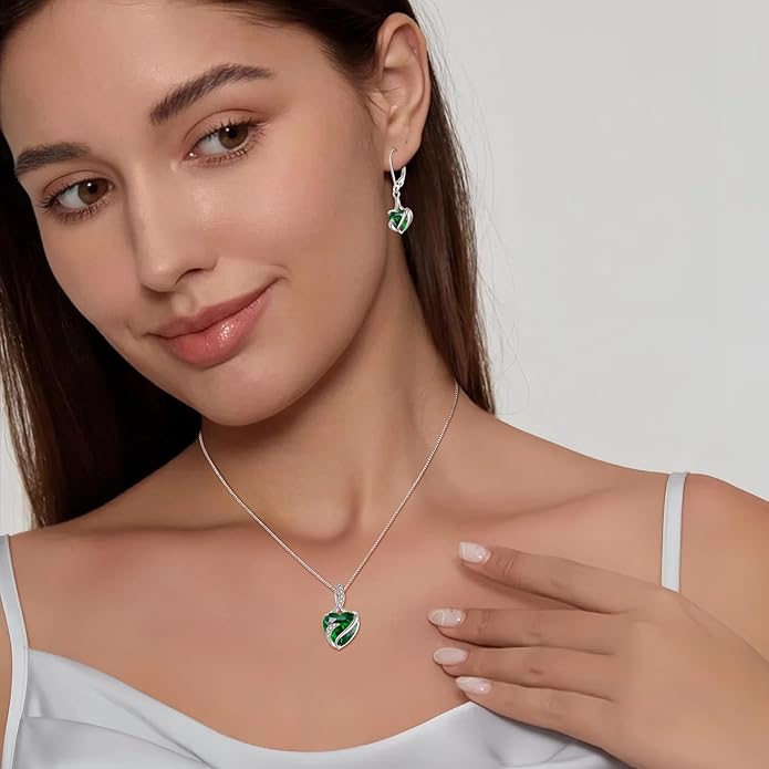 FJ Heart Jewelry Set for Women 925 Sterling Silver Emerald Necklace and Earrings Set May Birthstone Jewelry Gifts