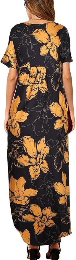Arolina Women's Summer Maxi Dress Short Sleeve V Neck Casual Loose Long Beach Split Dresses with Pockets