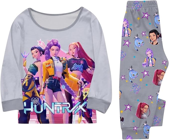 Girls 2 Piece K Pop Singer Outfits Cute Cartoon Graphic Shirts and Pants Casual Tracksuit Fashion Clothing Sets