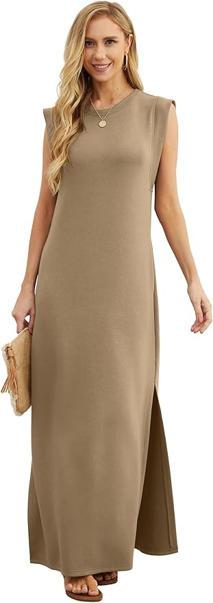 GRECERELLE 2026 Women Year-Round Casual Round Neck Loose Split Wrinkle-Free Long Maxi Vacation Dress with Pockets (XXS-4XL)