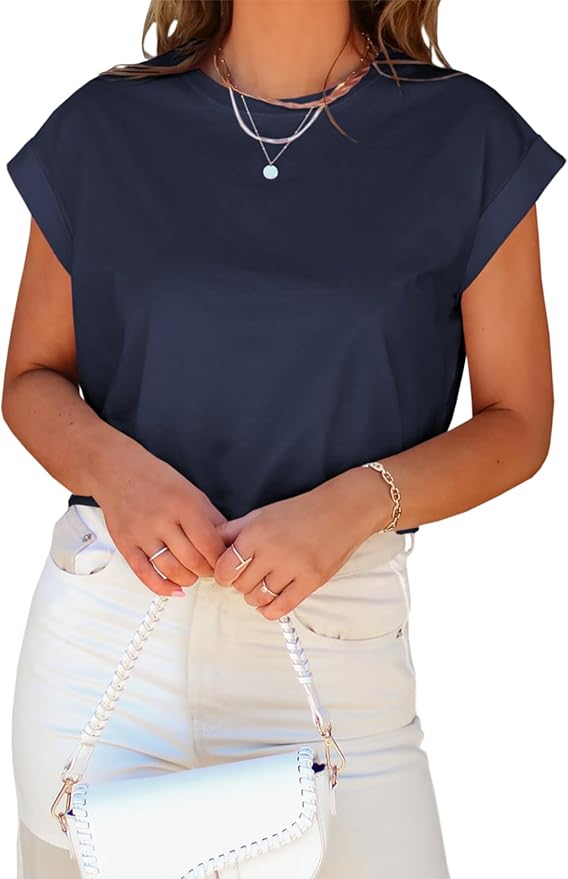 Tankaneo Womens Short Sleeve Cropped T-Shirts Summer Rolled Dolman Sleeve Crop Tops Casual Round Neck Solid Short Basic Tees