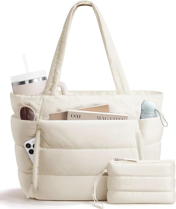 Puffer Tote Bag for Women, Lightweight Puffy Work Handbag Teacher Nurse Quilted Shoulder Bag for School Travel Gym | Quilted, with Zipper, Daily Carry On Bags, Comfy College Bags, 15.6" Laptop Sleeve, Cup Holder Pocket, Portable, Spacious
