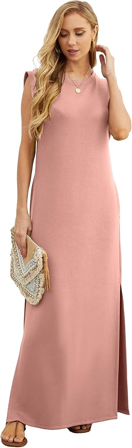 GRECERELLE 2026 Women Year-Round Casual Round Neck Loose Split Wrinkle-Free Long Maxi Vacation Dress with Pockets (XXS-4XL)