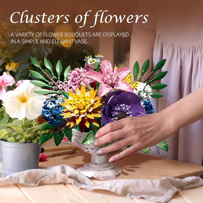 noziaa Botanicals Flower Arrangement Artificial Flowers Building Set, Home Office Decoration Succulent Plant Bonsai Building Toy, Gift for Girls, Standard Particles 1081 PCS (JJ9234)