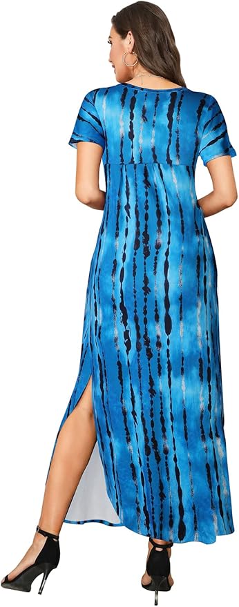 Arolina Women's Summer Maxi Dress Short Sleeve V Neck Casual Loose Long Beach Split Dresses with Pockets
