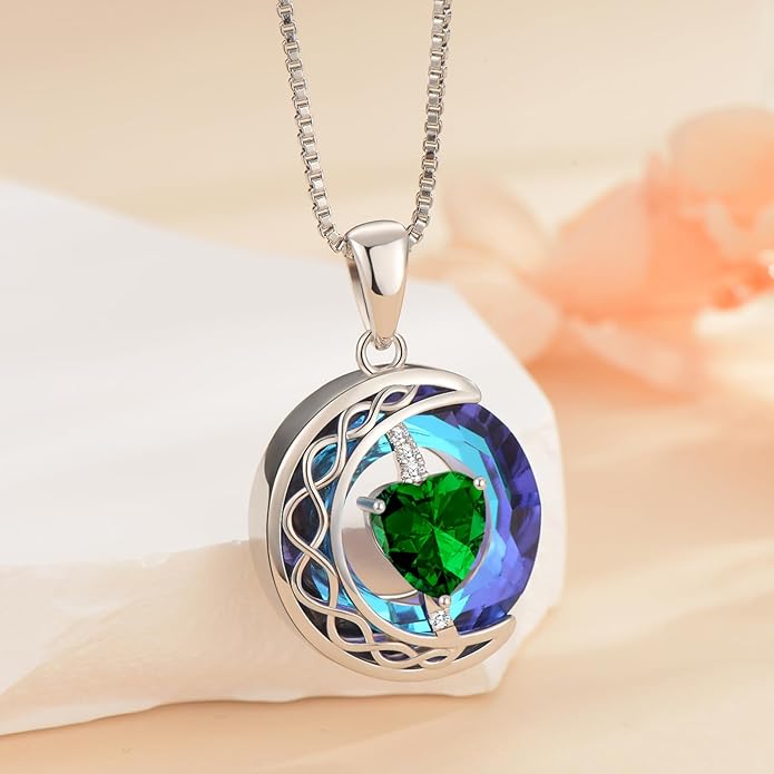 LIANYU Necklace for Womens Blue Sapphire Necklace Moon Pendant S925 Sterling Silver Crystal Jewelry for Women Pendant Birthday Gifts for Wife Gifts Valentine Anniversary