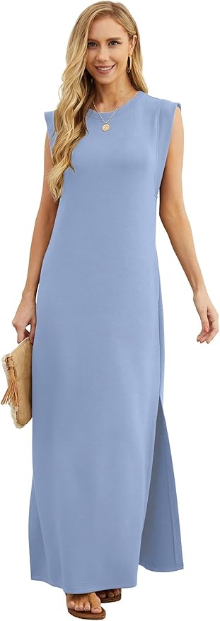 GRECERELLE 2026 Women Year-Round Casual Round Neck Loose Split Wrinkle-Free Long Maxi Vacation Dress with Pockets (XXS-4XL)