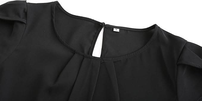 TASAMO Women's Casual Round Neck Basic Pleated Top Cap Sleeve Curved Keyhole Back Chiffon Blouse