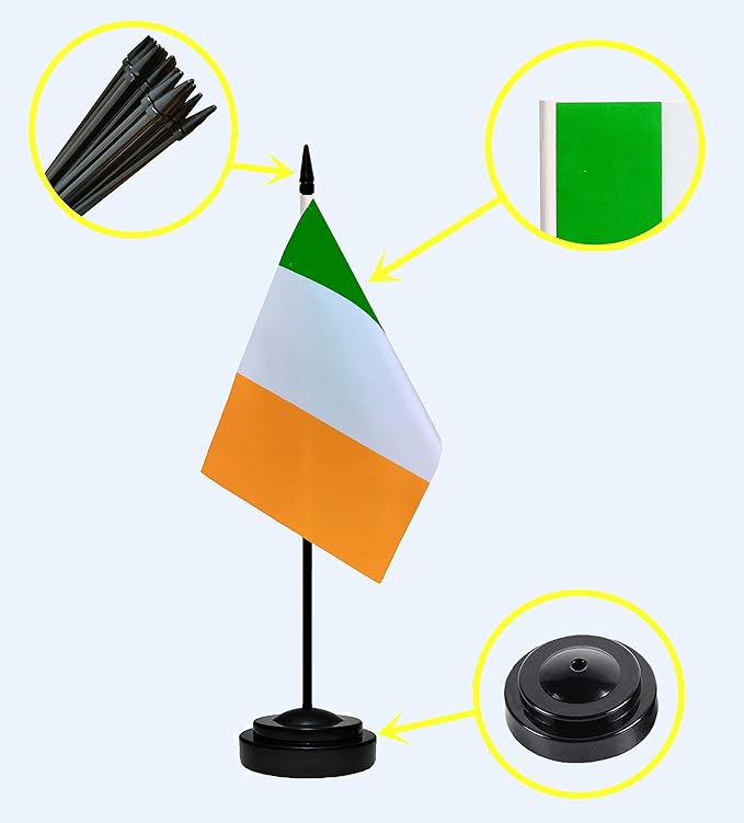 USA American & Ireland Irish Desk Flags, US Ireland Office Table Flag, Small Mini Miniature Irish and US Desktop Flag With 13" Solid Black Pole, Black Base