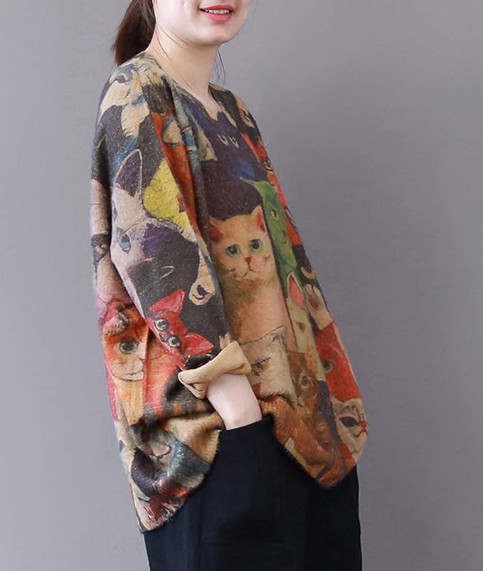 YESNO Women Christmas Sweater Graphic Printed Oversized Pullover Sweaters Casual Loose Knit Tops S01