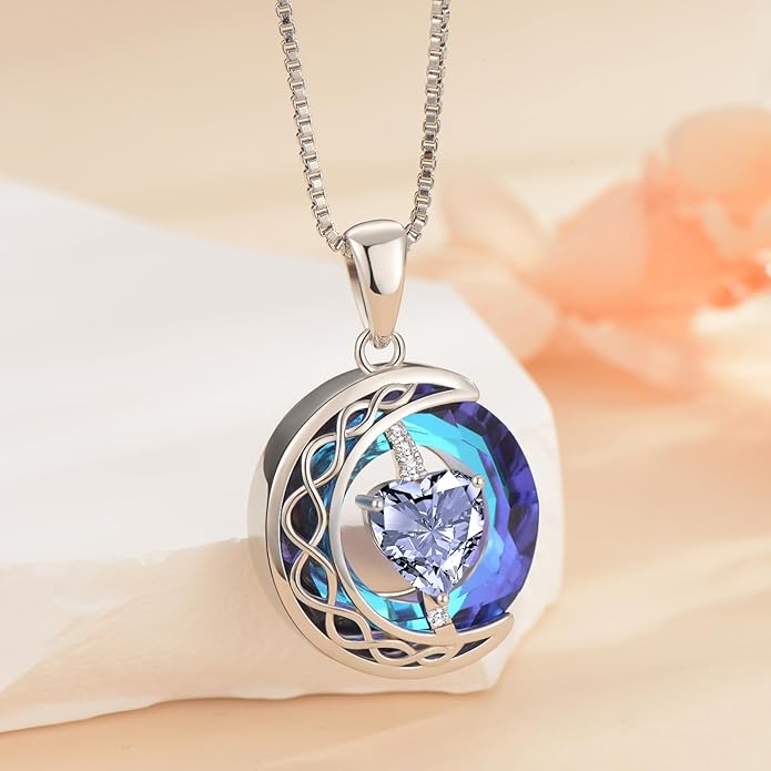 LIANYU Necklace for Womens Blue Sapphire Necklace Moon Pendant S925 Sterling Silver Crystal Jewelry for Women Pendant Birthday Gifts for Wife Gifts Valentine Anniversary