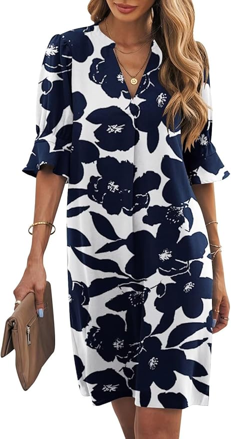 Wkior Shift Dress for Women V Neck Short Sleeves Solid Color Casual Flowy Summer Dresses(S-2XL)