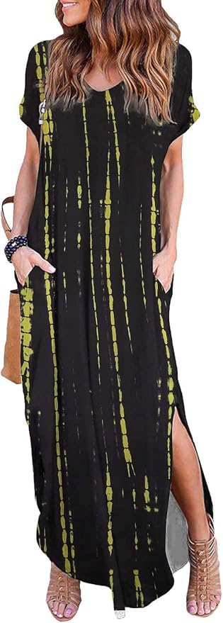Arolina Women's Summer Maxi Dress Short Sleeve V Neck Casual Loose Long Beach Split Dresses with Pockets