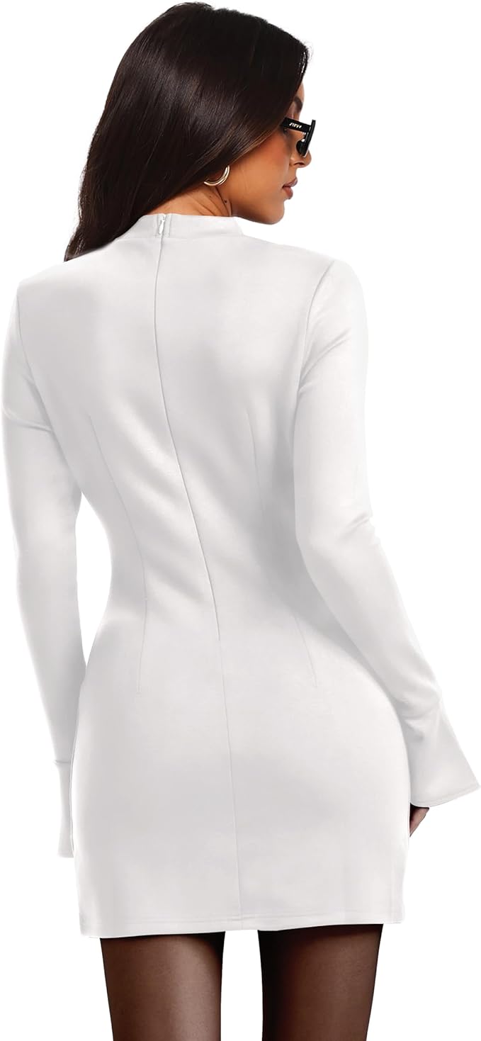 OFEEFAN Women's Fall Long Sleeve Mock Neck Dress Basic Party Club Bodycon Mini Dresses