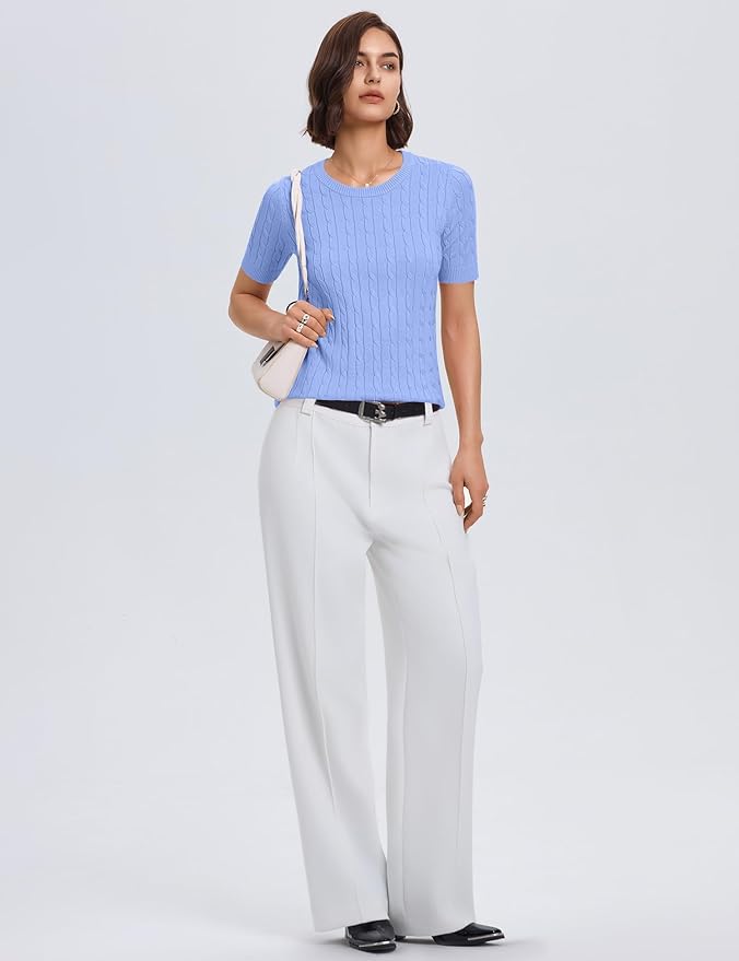 Micoson Womens Short Sleeve Cable Knit Sweater Tops Crewneck Lightweight Spring Summer Shirts Business Dressy Casual Outfits