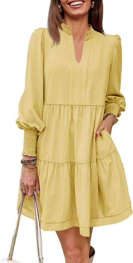 Imily Bela Womens Fall Long Sleeve Tunic Dress Casual V Neck Loose Ruffle Tiered Dress